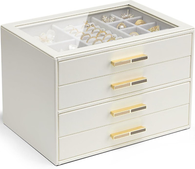 Elegant 4-Layer Jewelry Box with Glass Lid & 4 Drawers - Cloud White