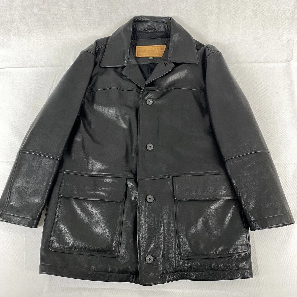 Timberland Weathergear Black Leather Jacket Coat Heavy Quilted Lining Men s M