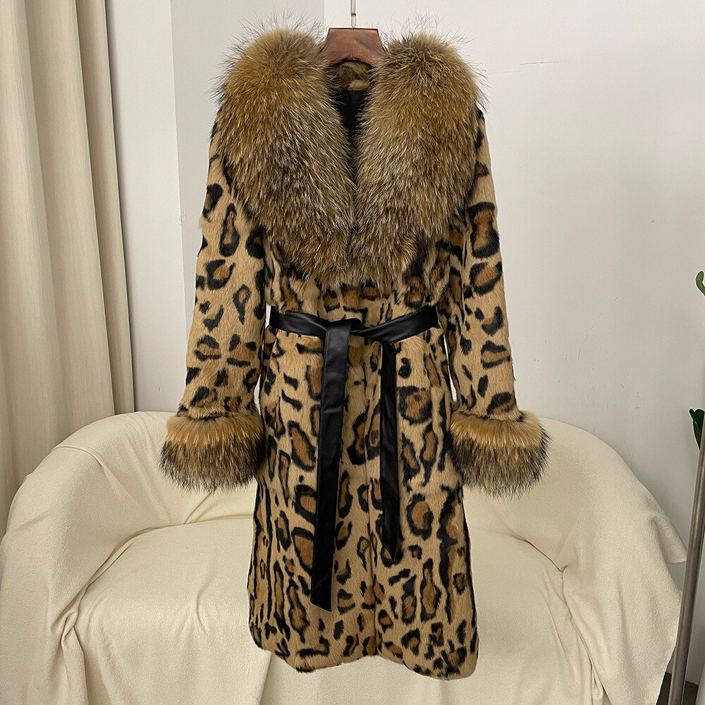 Leopard Printed Real Rabbit Fur Jacket Womens Belted Coats Fox Fur