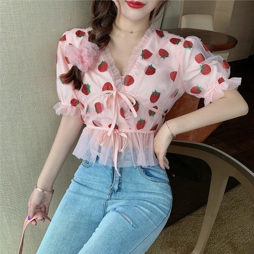 Cute Summer Blouse Strawberry Printed Casual Tops For Women | eBay