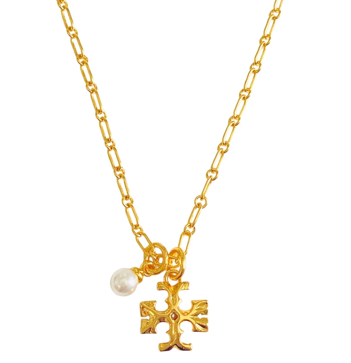 Auth NEW Tory Burch GOLD Thin ROXANNE Glass Pearl Logo Pendant Necklace