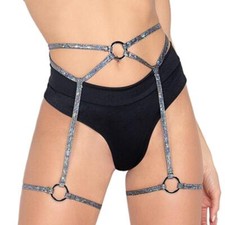 Shimmer Waist Belt Attached Leg Garters O Rings Strappy Harness Silver 6027