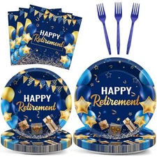 Retirement Party Supplies 96 Pieces Blue Gold Theme Plates and Napkins for 24