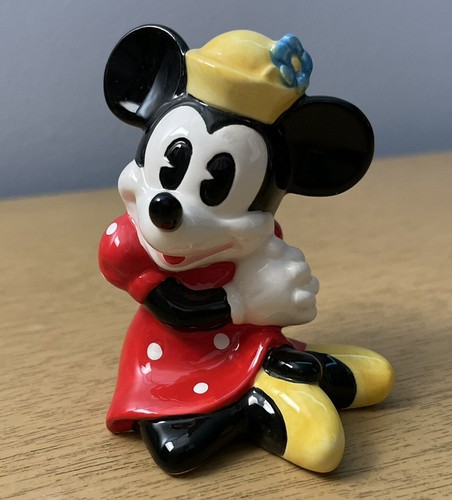 Vintage Disney Minnie Mouse Keramik 3" Figur rotes Kleid gelber Hut Gänseblümchen