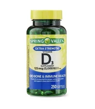 Spring Valley Vitamin D3 Softgels, 125 Mcg per Softgel, 5,000 IU, 250 Count 4/27