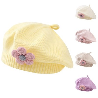 Little Girls Beret Hat, Winter Warm, Toddler French Style, Knit, Cute Flower