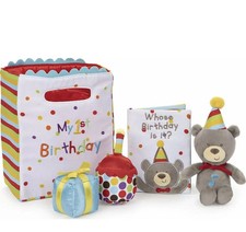 Baby Gund First Birthday Plush Gift Bag w 4 Toys Cupcake Squeaker Song Bear More