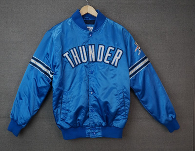Vintage Starter NBA OKC Thunder Satin Bomber Jacket Button Up Blue Size M