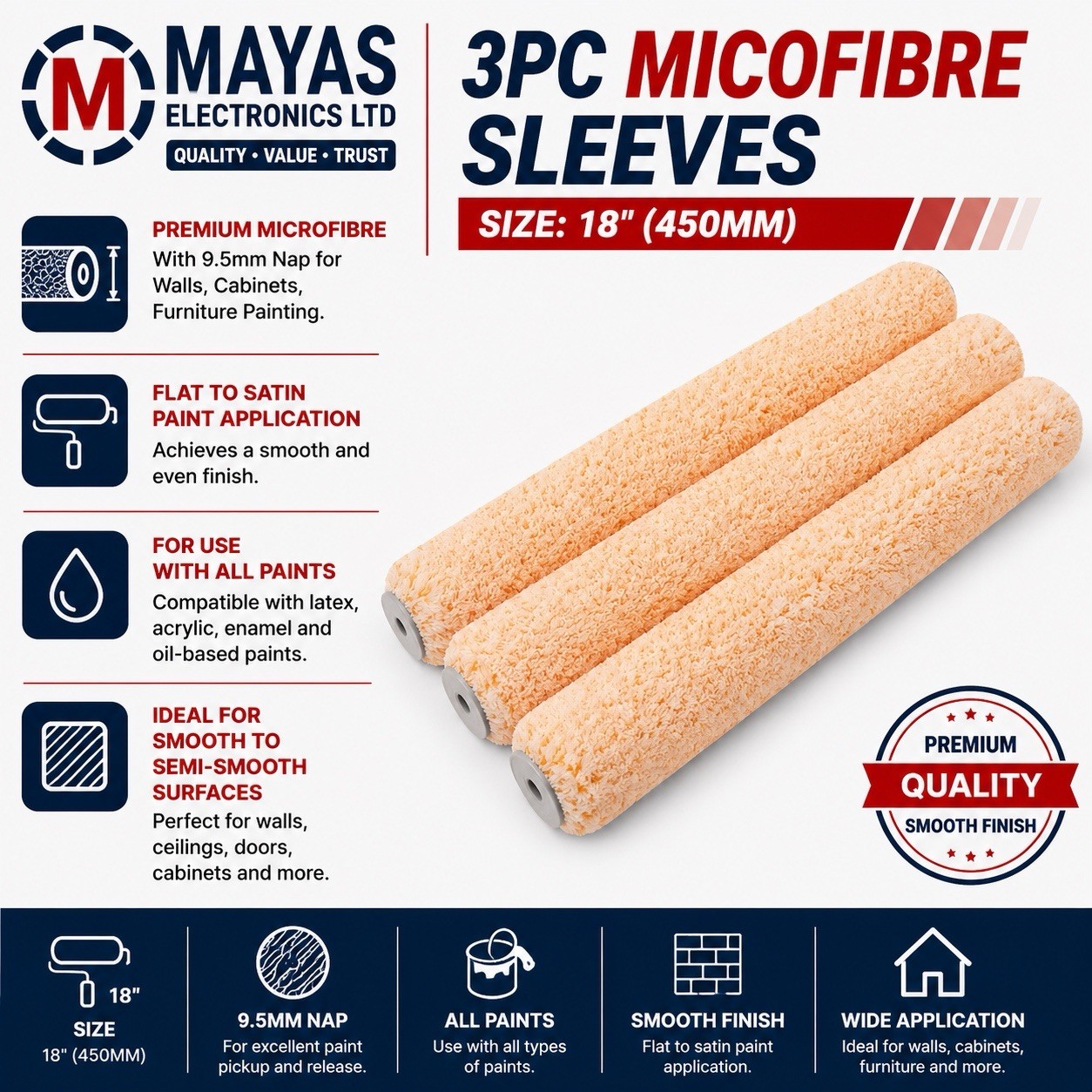 3pc 18” Microfibre Paint Roller Sleeves 450mm