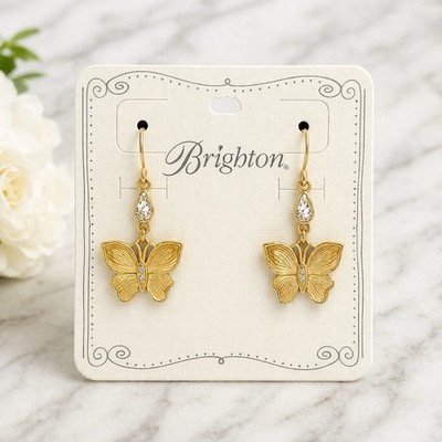NWT Brighton Everbloom Flutter Earrings Gold Tone Butterfly Clear Crystal