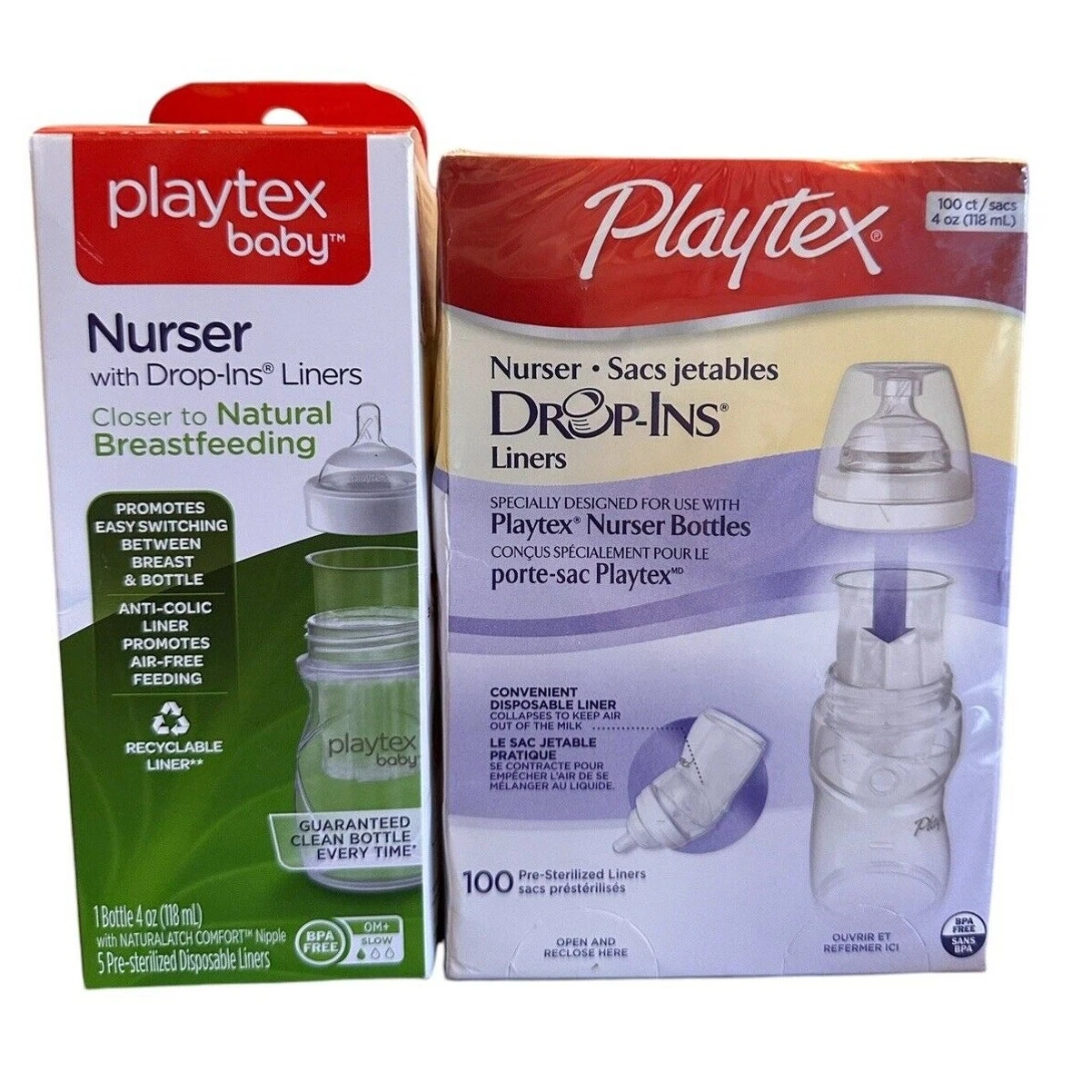 Playtex Baby Nurser Drop-in Liners & Nurser Bottle 4oz 100 Liners