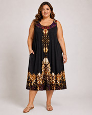 CSC Studio Sleeveless Midi-Dress, Black with Multicolor Print, Size 3X