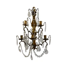 Italian Rococo Revival Gilt Iron and Brass Crystal Wall Candelabra 1940s Vintage