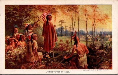 1907 Jamestown Expo Postcard Native Americans & Settlers Virginia Official