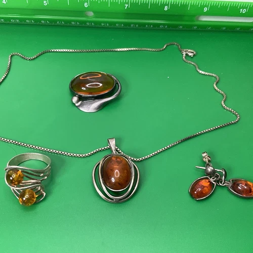 Vintage Sterling Silver Baltic Amber Brooch,Ring,earring Chain and necklace Mark