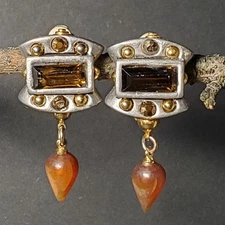 Fahrenheit Pewter Clip Earrings 80s Smoky Quartz Buffo Horn Pyrite Industrial 