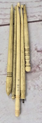 Vintage Sewing Lot- 3 Bone Crochet Hooks, 2 Awl Bone Bodkin