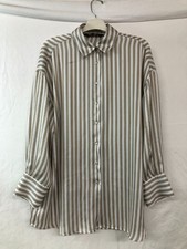 Women's Zara Tan White Black Stripe Oversize Boyfriend Shirt Blouse Size S