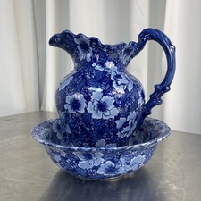 Antique Regency Ironstone Pitcher Jug And Wash Basin Blue White Period Display