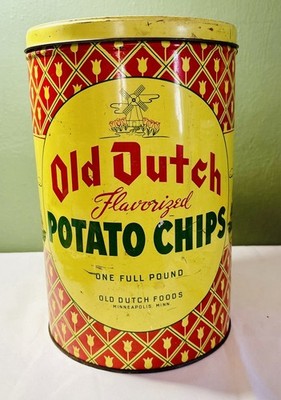 VTG Old Dutch Potato Chips Tin Large Good Condition Some Rust Collect 1 Full Lb