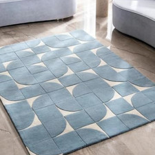 Luxury Hand Tufted Wool Rug Blue & Cream Geometric Living Room Carpet 9X12,13X15