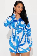 Fashion Nova NWT Sz S Satin Mini Dress Button Up Blue/ White Beach MSRP $49.99