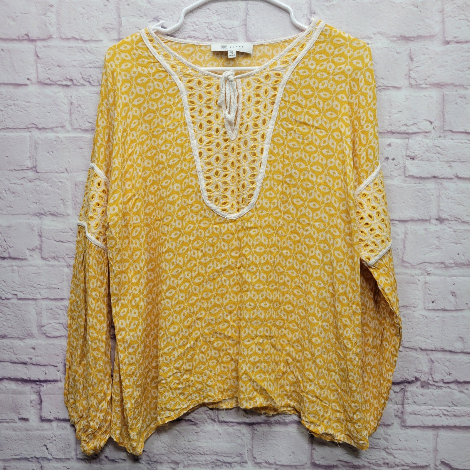 Fever Mango Mojito Embroidered Peasant Top Womens XL Yellow Boho Hippie Festival