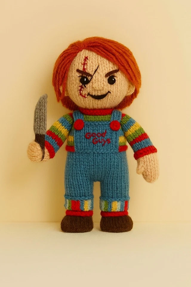 KING COLE Chucky Childs Play Halloween Nightmare Elm Knitted Knitting DK Pattern Only 25cm