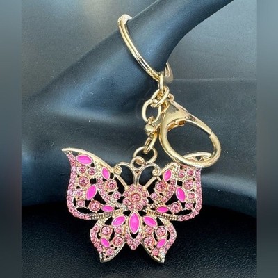 BAG CHARM  Gold Tone Crystal Butterfly Keychain in Pink NWT