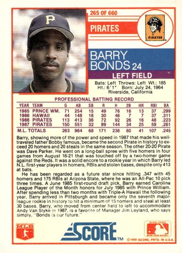 1988 Score #265 Barry Bonds - Picture 2 of 2