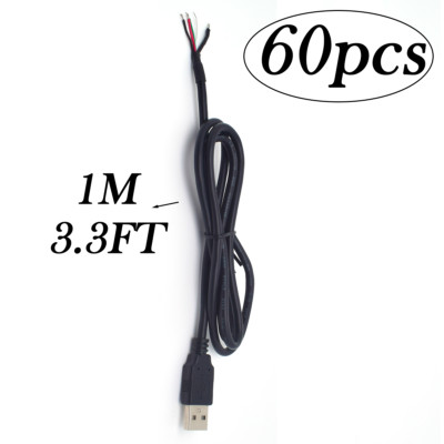 60pcs 1M/3FT USB Male 4 Pin Bare Wire Cable 5V 3A Power Pigtail for Repair DIY