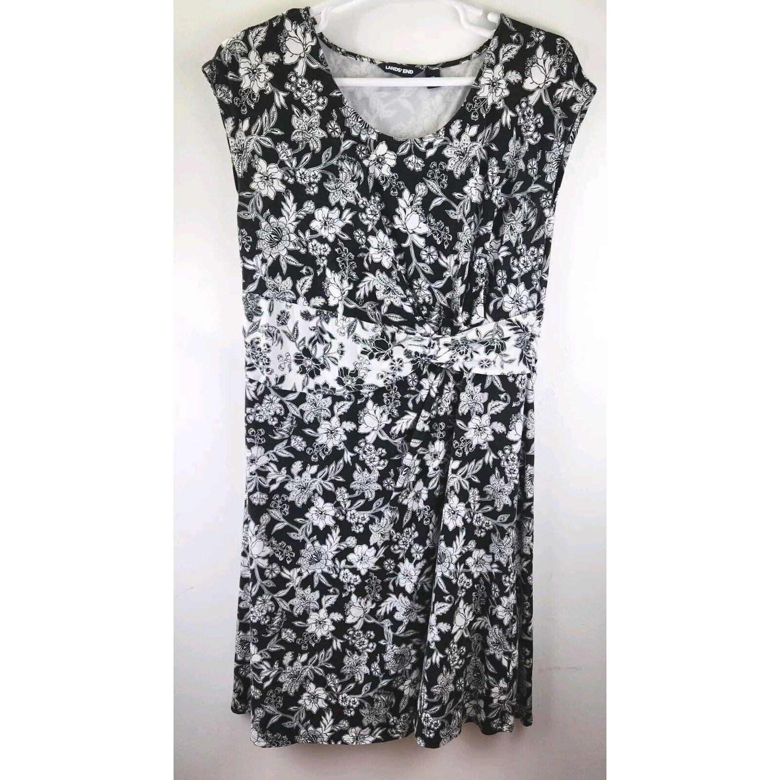 Lands' End Woman's Plus 1X Black White Twist Front Striped Cap Sleeve Midi Dress