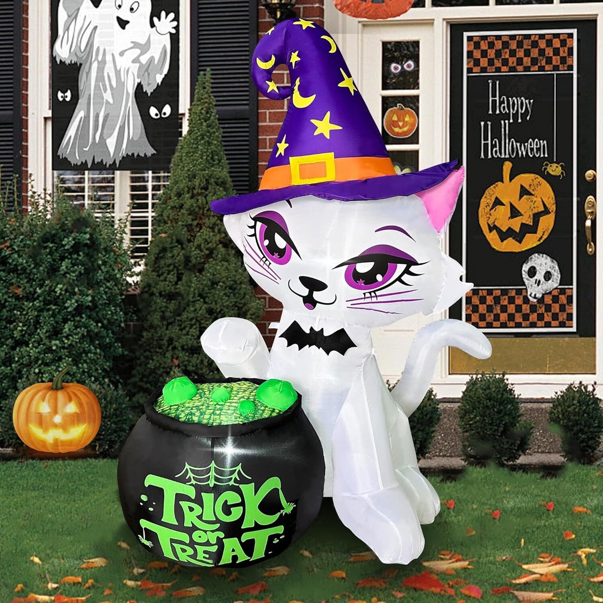 5Ft Halloween Inflatable Cat with Witch Cauldron Decoration, Blow