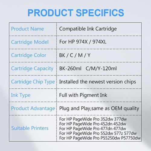 4Color 974XL Ink Cartridge For HP 352dw 377dw 452dn/dw 477dn/dw 552dw Printer - Picture 7 of 12