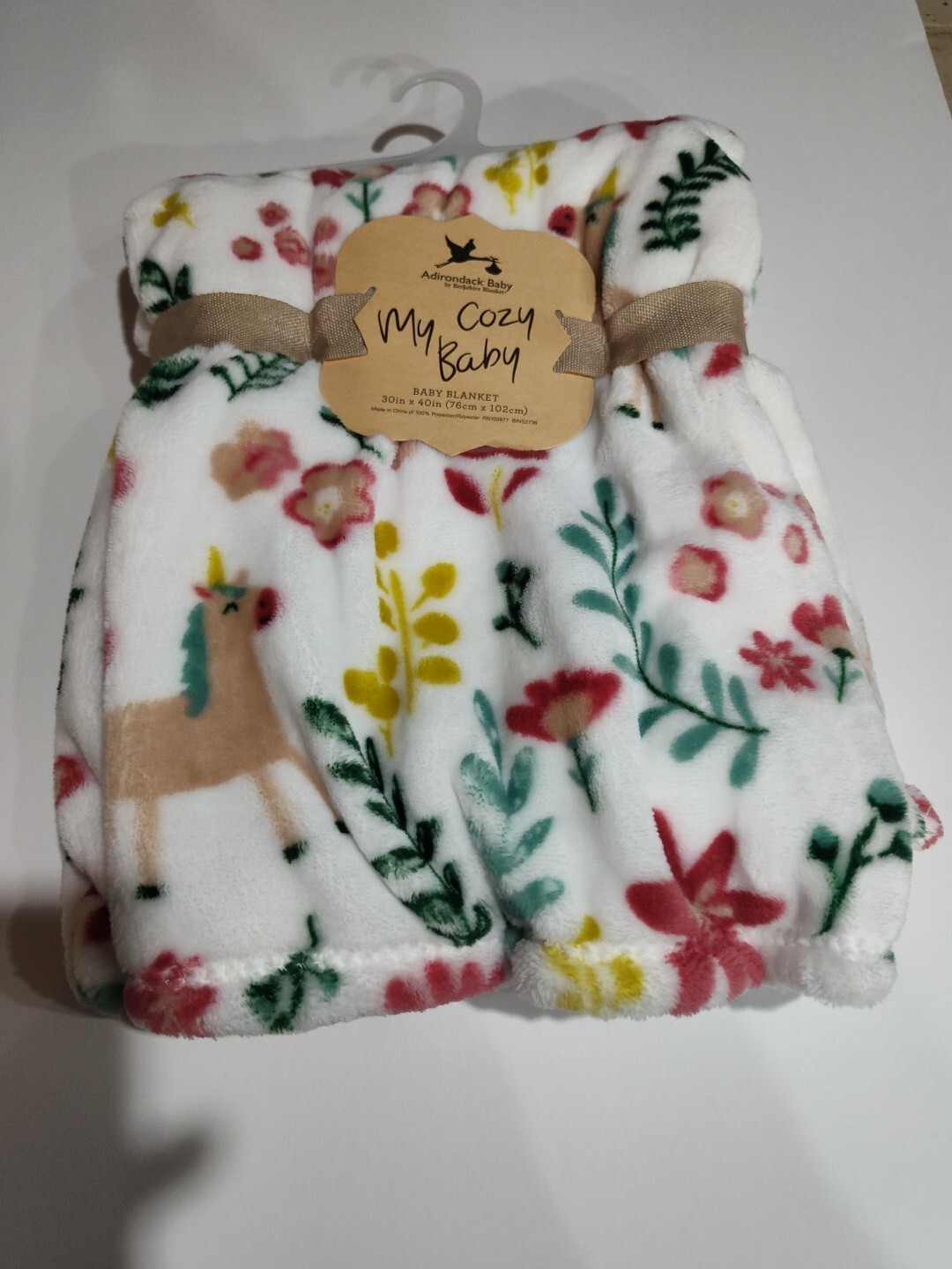 NWT Adirondack My Cozy Baby Plush Baby Blanket 30 x 40 Unicorn & Flowers Floral