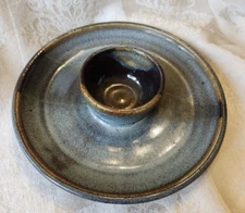 Vintage Studio Art Pottery Hand Thrown Blue Brown Chip Dip Bowl Seafood Server