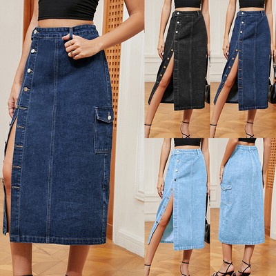 Ladies Skirts Casual Women Casual Long Denim Skirt Ladies Side