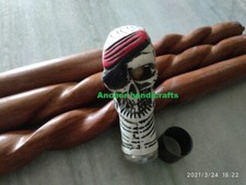 Vintage Pirate Skull Designer Walking Stick Spiral Carved Brown Wooden Canes