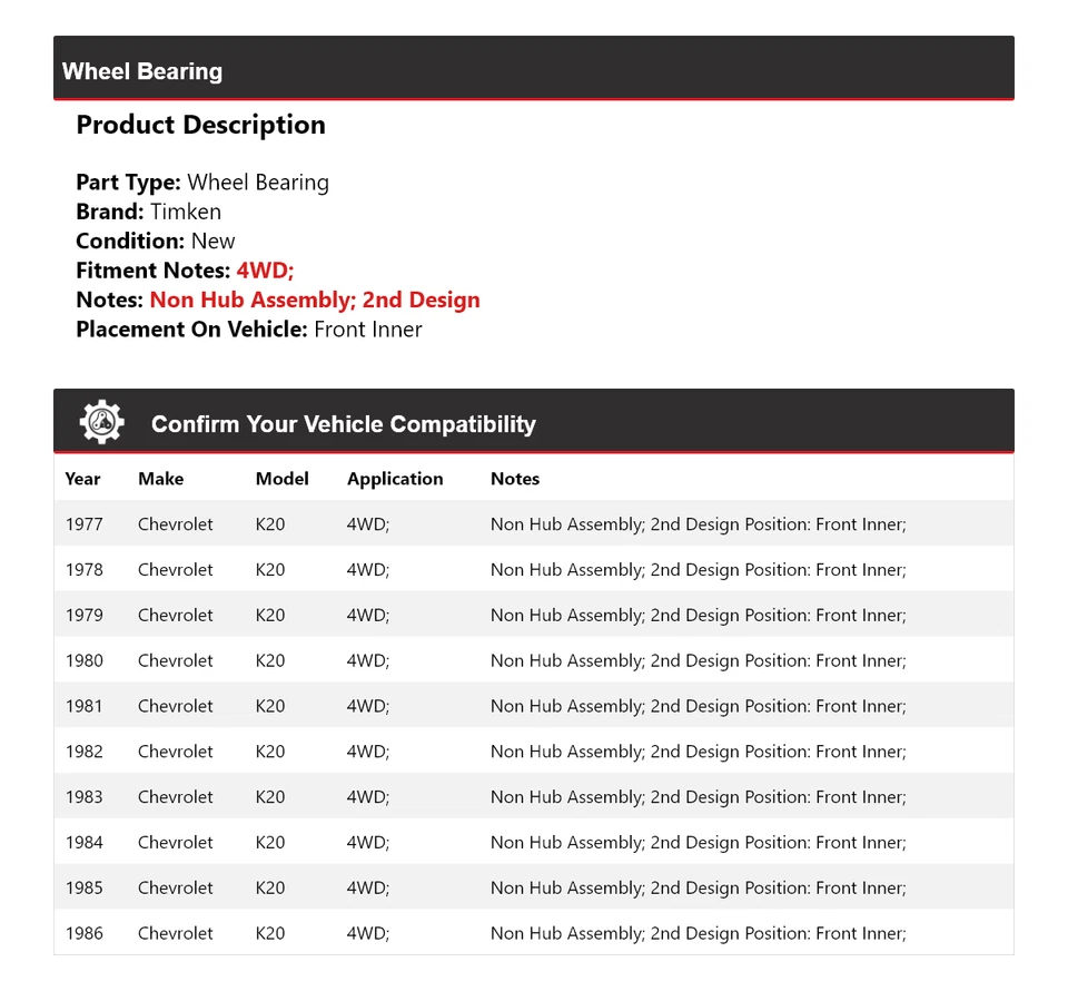 Cojinete de rueda interior delantero Timken 1978 1979 1980 para Chevrolet K20 1977-1986 4x4 Foto 2 de 4
