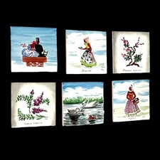 Boxed Vtg MCM Hand Painted Tile 3x3 Coasters DENMARK Floral Swans Women Lovers