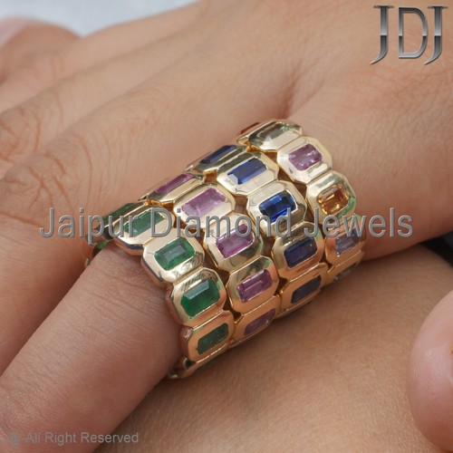 Solid 14k Yellow Gold Band Ring Natural Emerald Gemstone Eternity Ring Jewelry - Picture 10 of 24