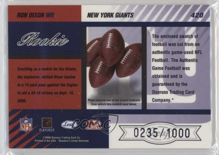 2000 Leaf Limited Rookie /1000 Ron Dixon #420 Rookie RC - Image 2 of 2