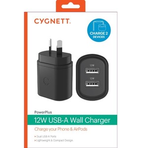 Cygnett CY3672PDWLCH PowerPlus 12W Dual Port Wall Charger - Black 2x USB-A (12
