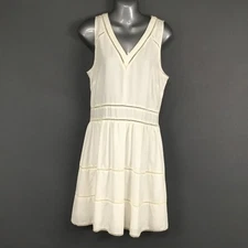 Chelsea 28 Dress Womens 12 Ivory Sleeveless V-Neck Fit & Flare Lined Ladder Trim