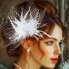 White Feather Hair Clip, Fascinator, 1920s Flapper, Wedding, Bridal Accessory