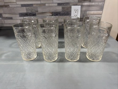 Set Of 8 Vintage MCM Anchor Hocking Large 7.5” Diamond Quilted Tumblers