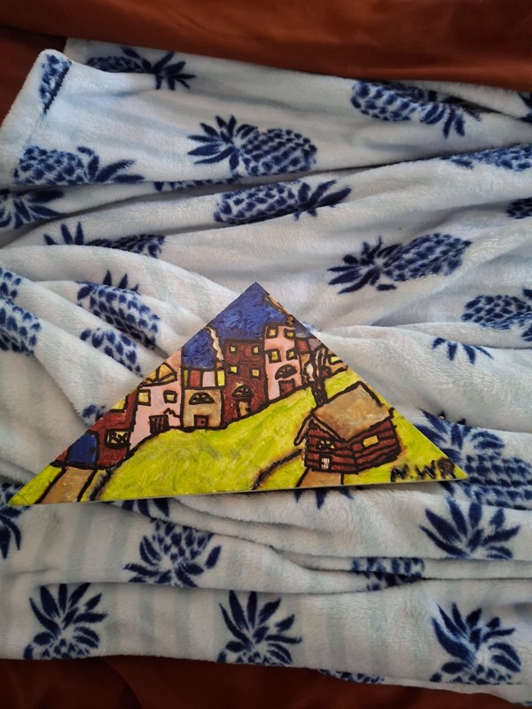 wood painting triangle shaped  " a sandy neighborhood at night"by a hobbyist