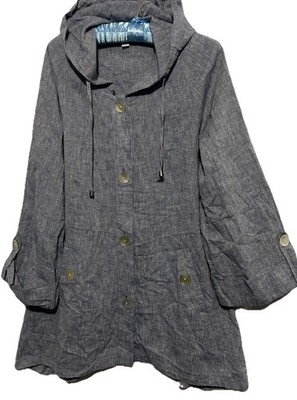 Sigrid Olsen Blue Linen Cotton Hooded Jacket Button Front 3/4 Sleeve Womens L