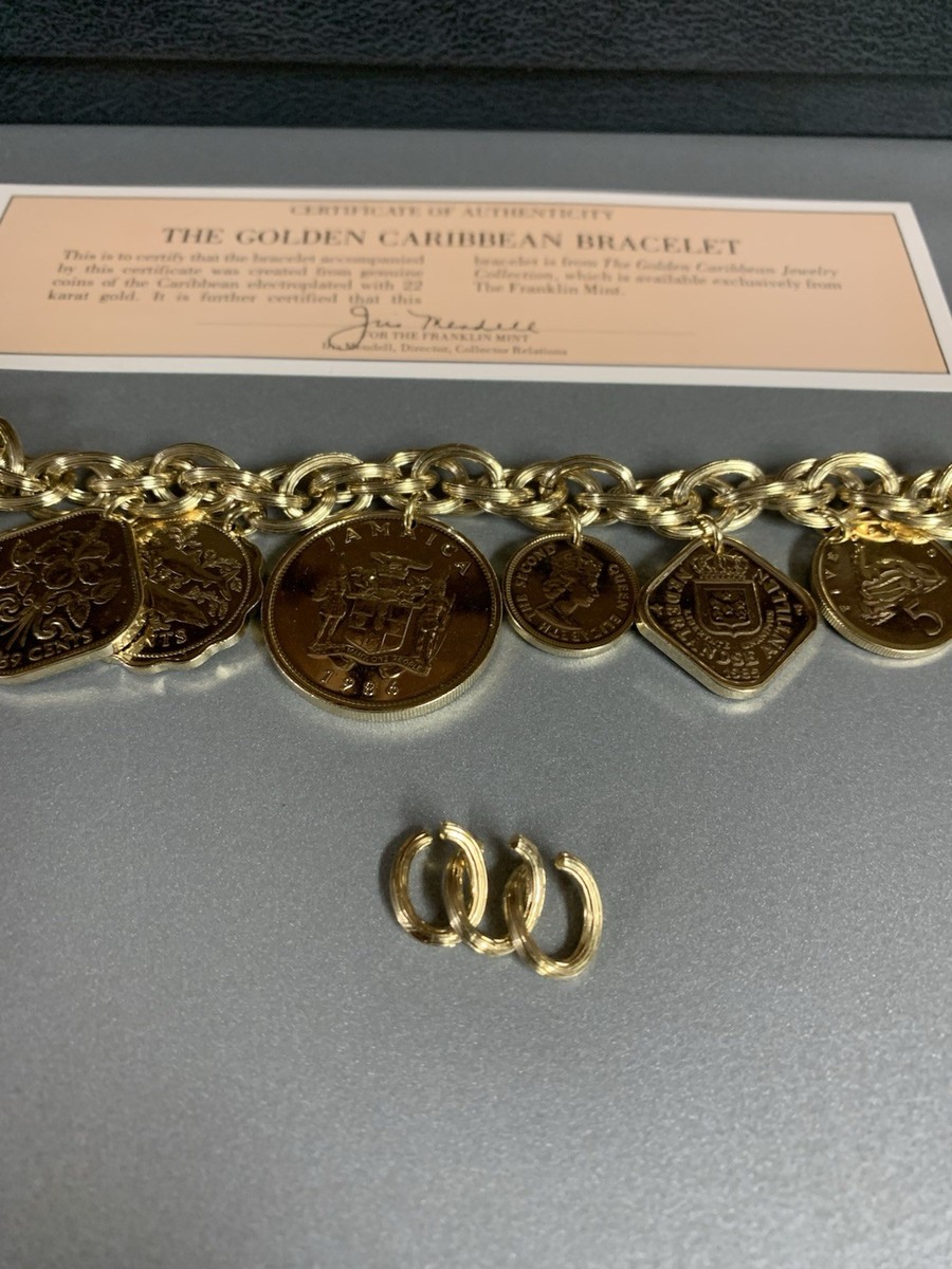 Franklin Mint Caribbean Gold Coin Charm Bracelet W/Box And