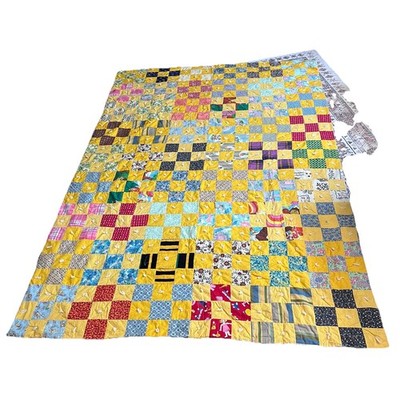 Vtg Multi-Colors Patch Block Variation Pattern Quilt 87.5 x58.5  Yellow Blanket
